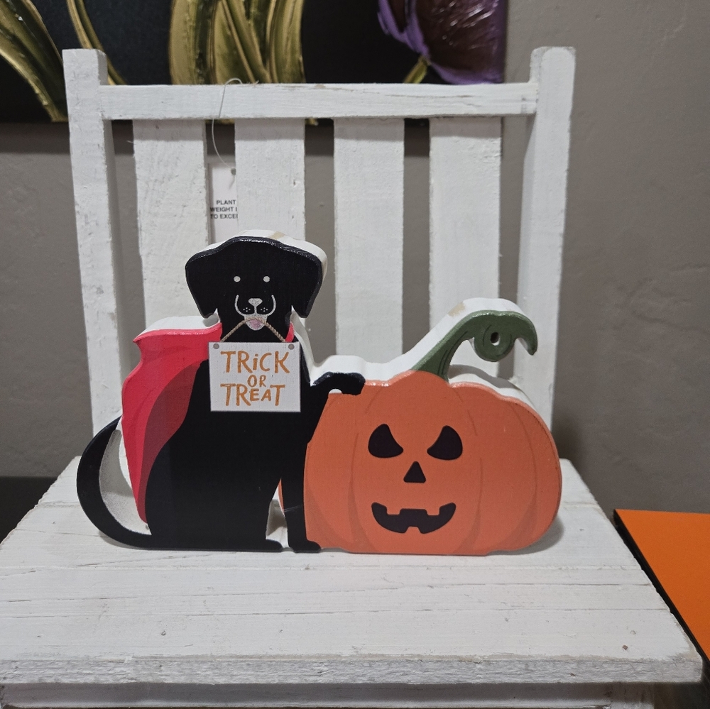 Halloween Trick Or Treat Dog and Pumpkin Tabletop Sign